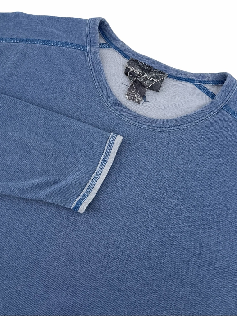 Tommy Bahama Mens L Long Sleeve Shirt Crew Neck Slate Blue Flatlock Stitch Tee